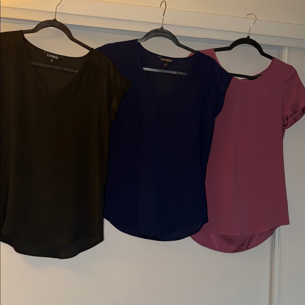 Express Women's V-Neck Blouse Trio - Black, Navy, Pink